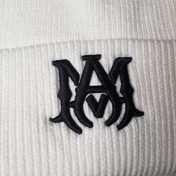 AMIRI White Ribbed Beanie with Black Logo - Picture 2 of 3